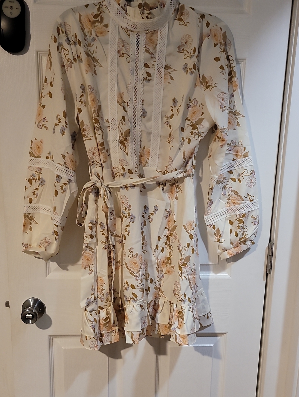 Floral Tie-Waist Mini Dress in Cream and Beige